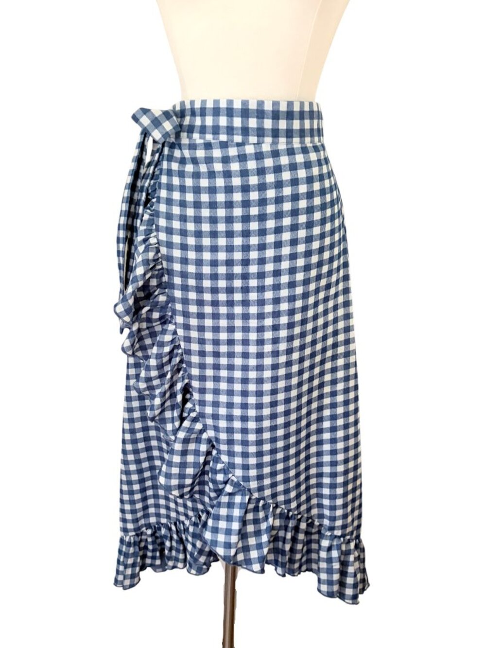 Gingham check midi wrap skirt w ruffle S M farmhouse cottage core Blue